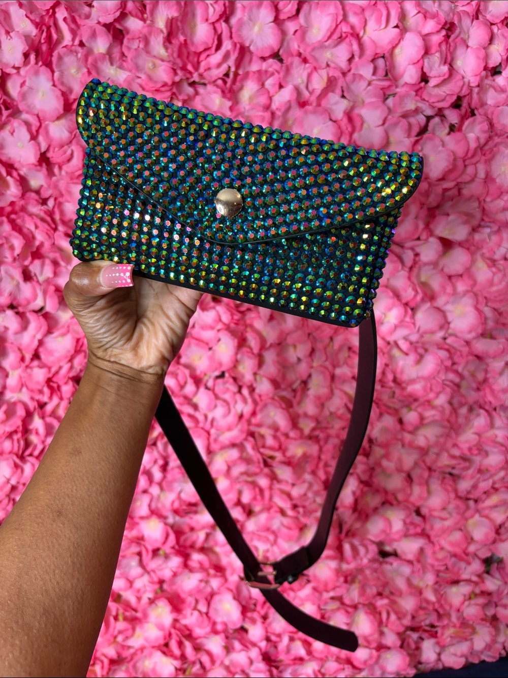 Crystal-Embellished Green Crossbody Belt Bag